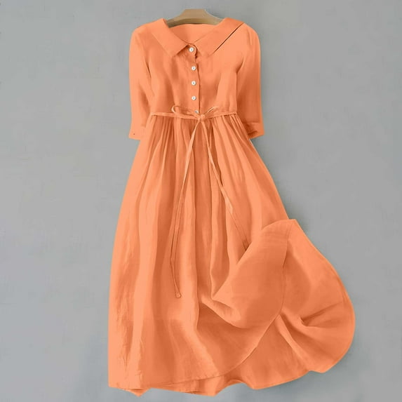 QUINDOS Dresses for Women Shirt Dress Casual V-neck 3/4 Sleeve Sun Dresses Summer Solid Color Button Down Waist Tie Midi Long Dresses for Women