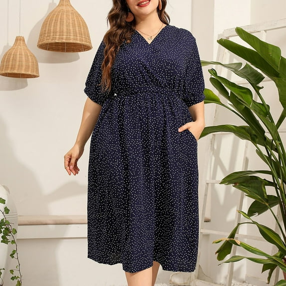 QUINDOS Dresses for Women Short Sleeve Casual A-Line V-neck Plus Size Dresses Summer Polka Dot Slim Vintage Long Midi Dresses for Women