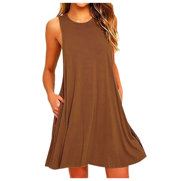 QUINDOS Dresses for Women Sleeveless Beach Crew Neck Sundress Sun Dresses Summer Pockets Solid Color Mini Short Dresses for Women