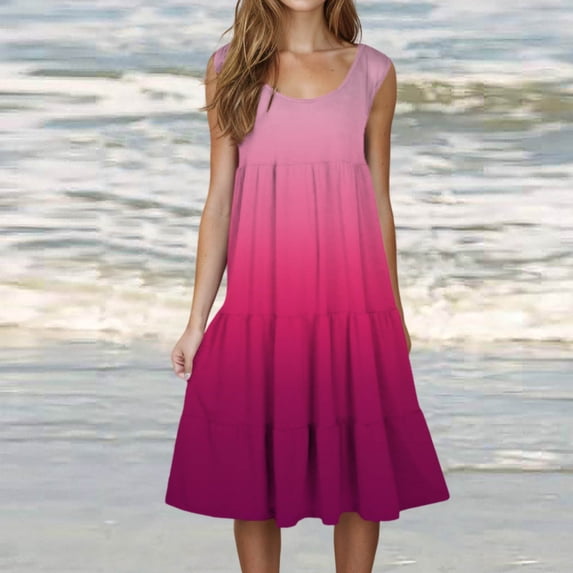 QUINDOS Dresses for Women Sleeveless Crew Neck Beach Sundress Sun Dresses Summer Gradient Color Pleated Tank Mini Knee Length Dresses for Women