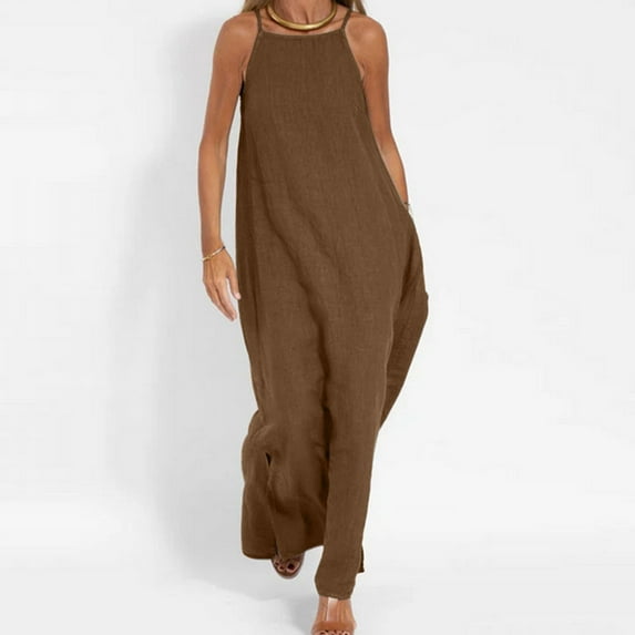 QUINDOS Dresses for Women Sleeveless Square Neck Sundress Beach Sun Dresses Summer Tank Solid Color Cotton Linen Maxi Long Dresses for Women