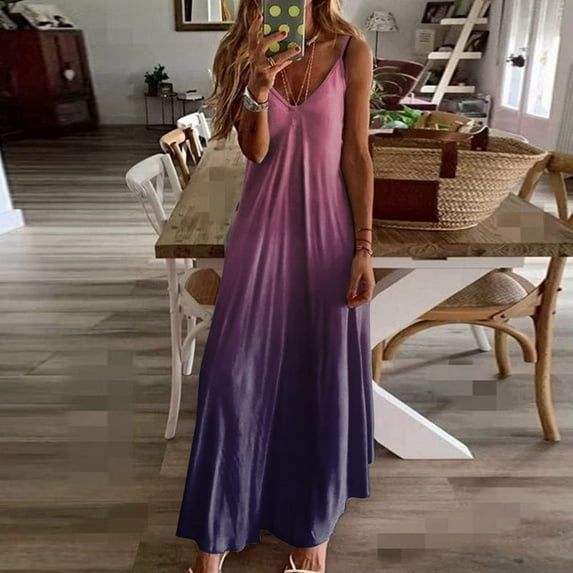 QUINDOS Dresses for Women Sleeveless Sundress Casual V-neck Sun Dresses Summer Tank Gradient Color Halter Maxi Long Dresses for Women
