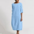 thumbnail image 1 of QUINDOS Dresses for Women Sundress 3/4 Sleeve Casual Crew Neck Sun Dresses Summer Cotton Linen Solid Color Midi Knee Length Dresses for Women, 1 of 8