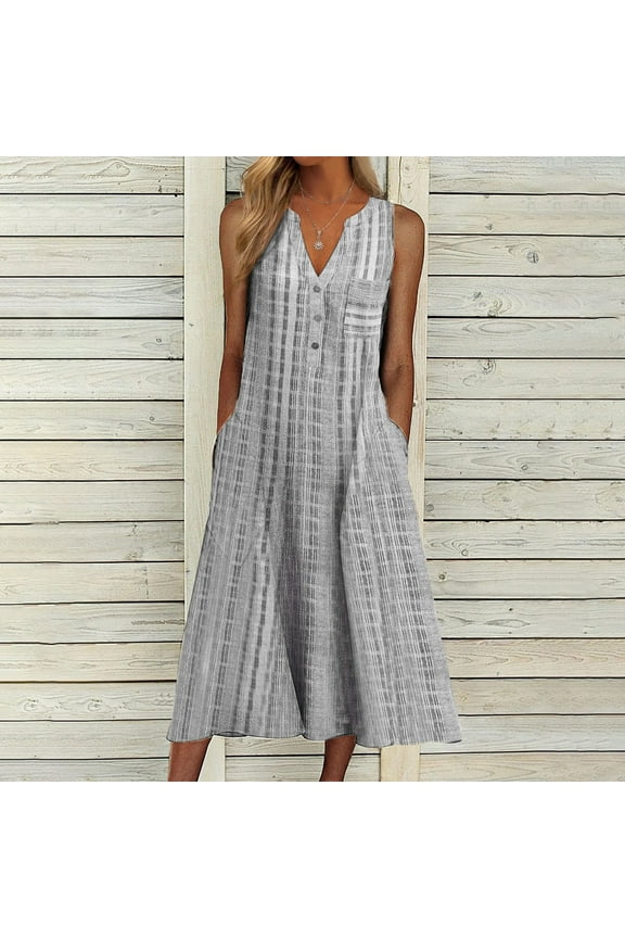 Dresses for Women Sundress Sleeveless V-neck Casual Sun Dresses Summer Striped Button Tank Midi Long Dresses for Women