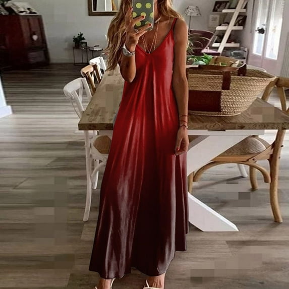 QUINDOS Dresses for Women Sundress V-neck Casual Sleeveless Sun Dresses Summer Halter Gradient Color Tank Long Maxi Dresses for Women