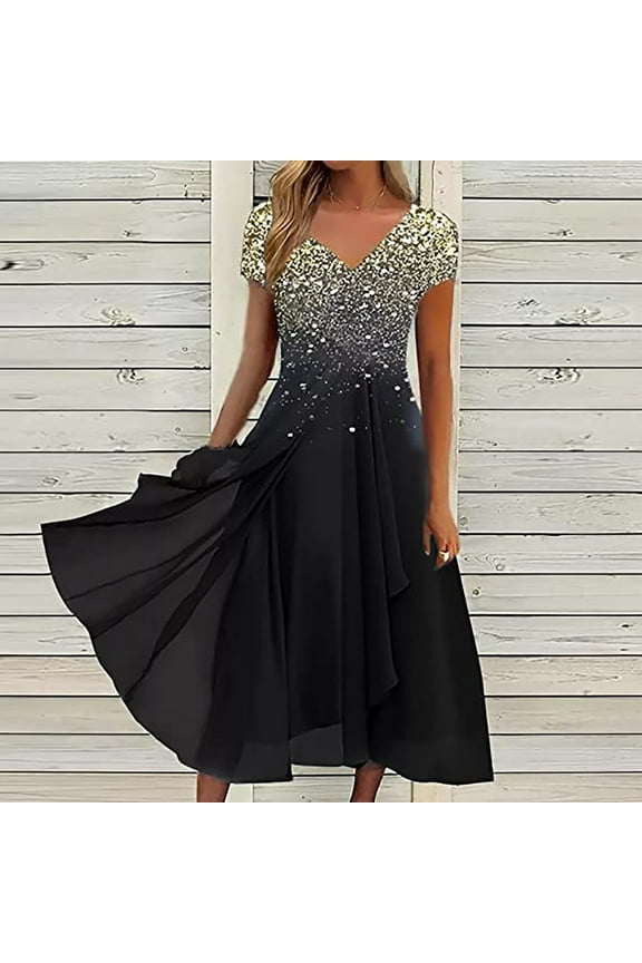 Dresses for Women V-neck A-Line Short Sleeve Formal Evening Dress Summer Chiffon Flowy Sequin Midi Long Dresses for Women