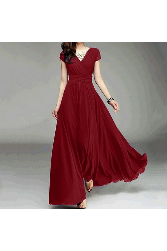 Dresses for Women V-neck Short Sleeve Formal Evening Gown Evening Dress Summer Chiffon Wrap Solid Color Long Maxi Dresses for Women