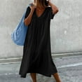 thumbnail image 1 of QUINDOS Dresses for Women V-neck Short Sleeve Sundress Casual Sun Dresses Summer Pleated Solid Color Midi Long Dresses for Women, 1 of 6