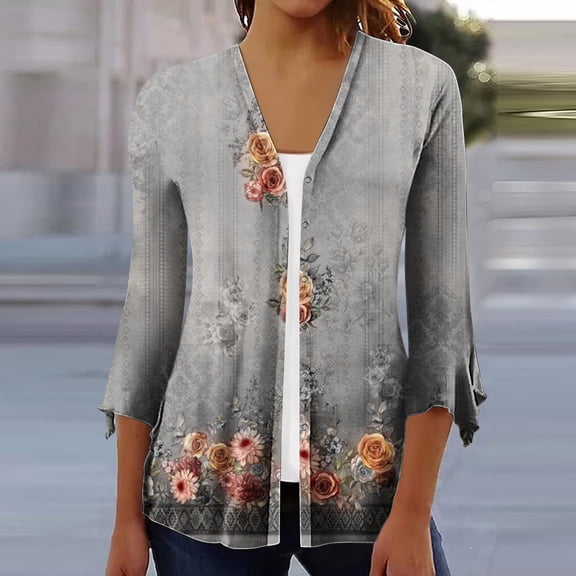 QUINDOS Fall Cardigans for Women,Fashion Woman 3/4Sleeve T-Shirt Open Front Cardigan Outerwear Printing Blouse Coat Tops