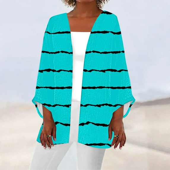 QUINDOS Fall Cardigans for Women,Women's Printing Stripe 3/4 Sleeve Print Loose Shirt Tops Cardigan
