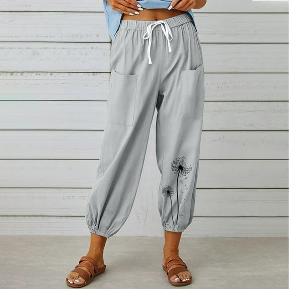 QUINDOS Fall Pants for Women Taper High Waisted Ankle Length Activewear Sweatpants Cotton Linen Print Athletic Fit Pants with Pockets
