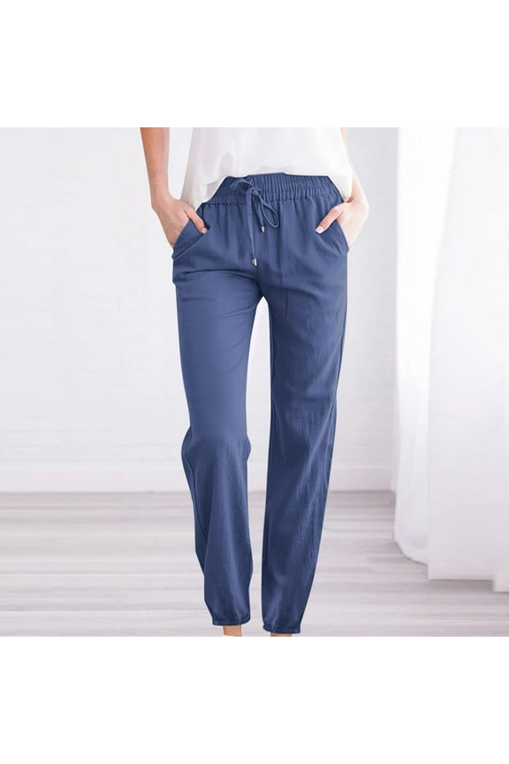 Fall Pants for Women Taper Long High Waisted Casual Pants Cotton Linen Pull on Loose Trousers with Pockets
