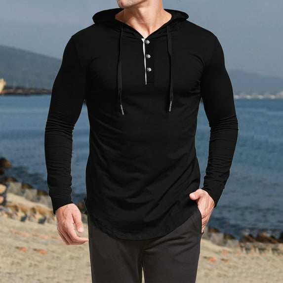 QUINDOS Fall Sweatshirts for Men Cotton Solid Color Button Mens Hoodies Lightweight Long Sleeve Casual Tunic Cotton Pullover Tops