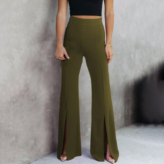 QUINDOS Flare Leg Women Pants Full Length High Waisted Casual Pants Drawstring Side Split Relaxed Fit Trousers