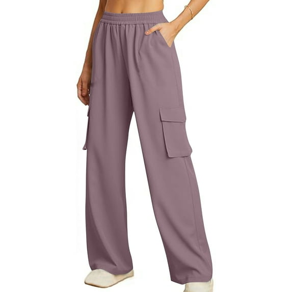 QUINDOS Full Length Cargo Pants for Women Plus Size High Waisted Purple Wide Leg Womens Pants Relaxed Fit Athletic Streetwear Pants with Pockets