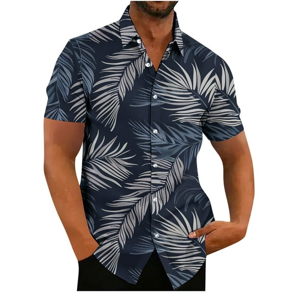 QUINDOS Hawaiian Shirt Men Button Down Short Sleeve Summer Casual Shirts Beach Tropical Print Loose Vacation Shirts