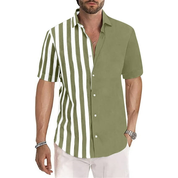 QUINDOS Hawaiian Shirts for Men Tall Short Sleeve Button Down Casual Summer Shirts Patchwork Beach Loose Vacation Striped Shirts