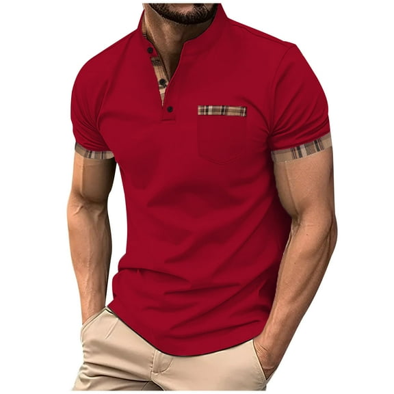 QUINDOS High Neck Mens Shirts Polo Casual Short Sleeve Shirts Loose Sports Pockets Solid Workout T-shirts