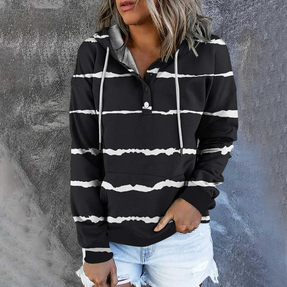 QUINDOS Hoodies for Women Button Henley Striped Women's Fashion Hoodies Casual Long Sleeve Crew Neck Graphic Pullover Tops