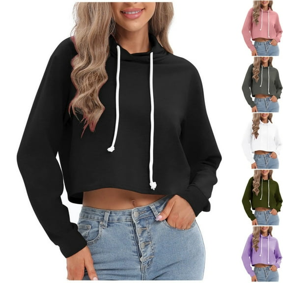 QUINDOS Hoodies for Women Cropped Sweatshirts Women Casual Long Sleeve Plain Crew Neck Pullover Tops