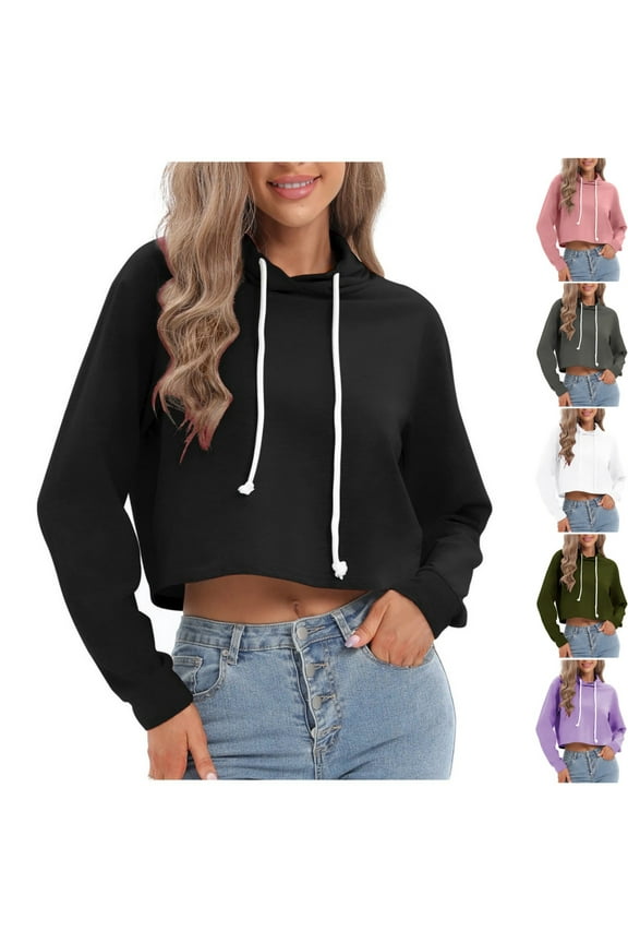 Hoodies for Women Cropped Sweatshirts Women Casual Long Sleeve Plain Crew Neck Pullover Tops