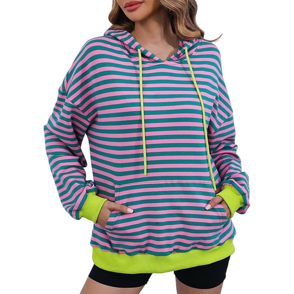 QUINDOS Hoodies for Women Striped Tunic Womens Sweatshirts Plus Size Casual Long Sleeve Crew Neck Graphic Pullover Tops