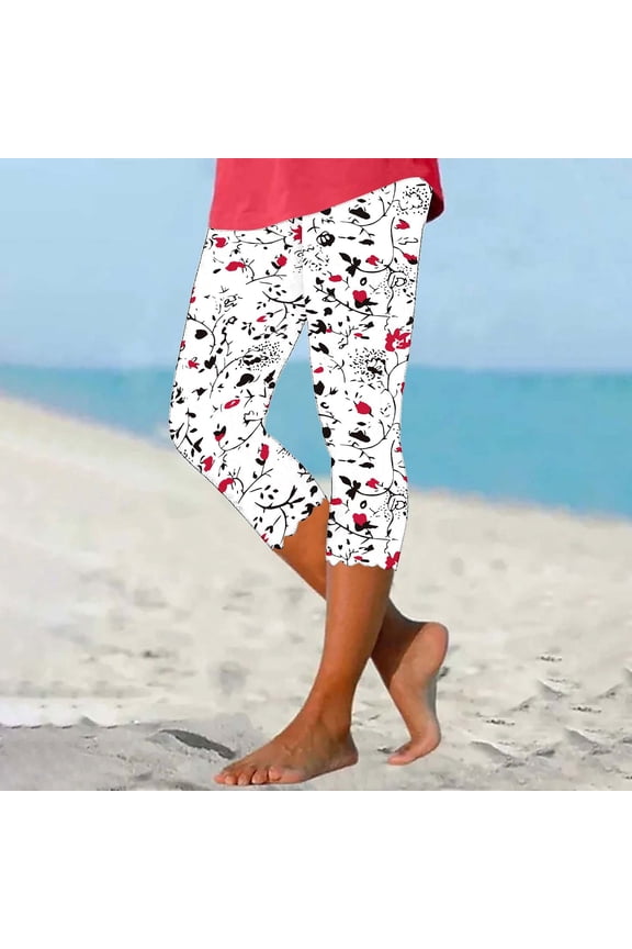 Leggings for Women Capri High Waist Cropped Print Yoga Pants Casual Ruffle Hem Slim Leggings