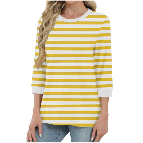 QUINDOS Long Sleeve Shirts for Women Crew Neck Winter Striped Pullover Tops for Women