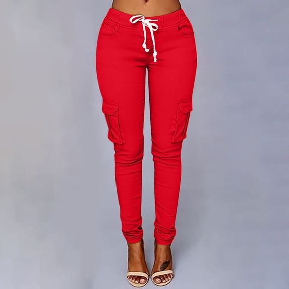 QUINDOS Long Women's Cargo Pants High Waisted Slim Leg Red Fall Pants for Women Relaxed Fit Casual Drawstring Baggy Pants with Pockets