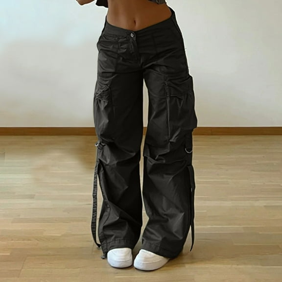 QUINDOS Low Waisted Cargo Pants for Women Plus Size Full Length Black Wide Leg Womens Comfy Pants Regular Fit Streetwear Streetwear Pants with Pockets