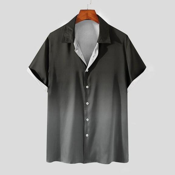 QUINDOS Men Hawaiian Short Sleeve Shirts Summer Button Down Casual Shirts Gradient Color Beach Vacation Loose Shirts