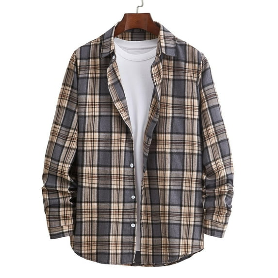 QUINDOS Men's Shirts Clearance,Mens Fall And Winter Fashion Casual Plaid Loose Youth Long Sleeve Turndown Collar Loose Holiday Tee Shirts