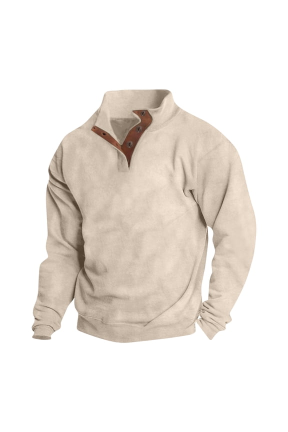 Men's Shirts,Men Fall And Winter Fashion Casual Patchwork Solid Pullover Long Sleeve Stand up Collar Button Loose Fit Daily T-shirts