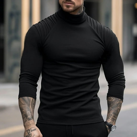 QUINDOS Men's Shirts Men Fall And Winter Fashion Casual Pullover Solid Long Sleeve Turtleneck Comfy Holiday T-shirt