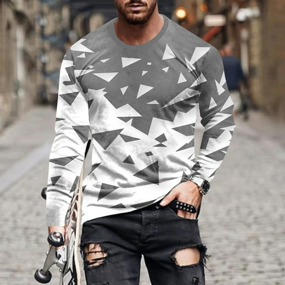 QUINDOS Men's Shirts Men Fall And Winter Fashion Casual Round Neck Long Sleeve Pullover Stripe Printed Comfort Holiday T Shirt