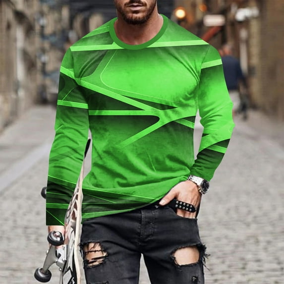 QUINDOS Men's Shirts Men Fall And Winter Fashion Casual Round Neck Long Sleeve Pullover Stripe Printed Loose Fit Holiday T-shirts