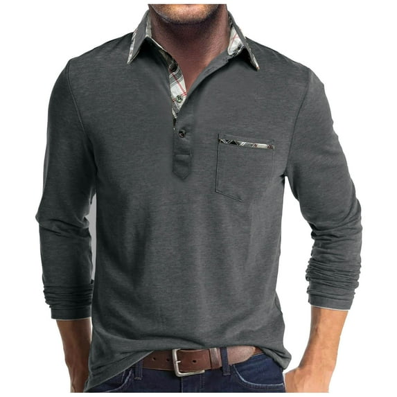 QUINDOS Men's Shirts,Men's Fall And Winter Fashion Casual Pocket Button Flip Collar Fall Bottom Long Sleeved Flip Collar Comfortable Daily T Shirts