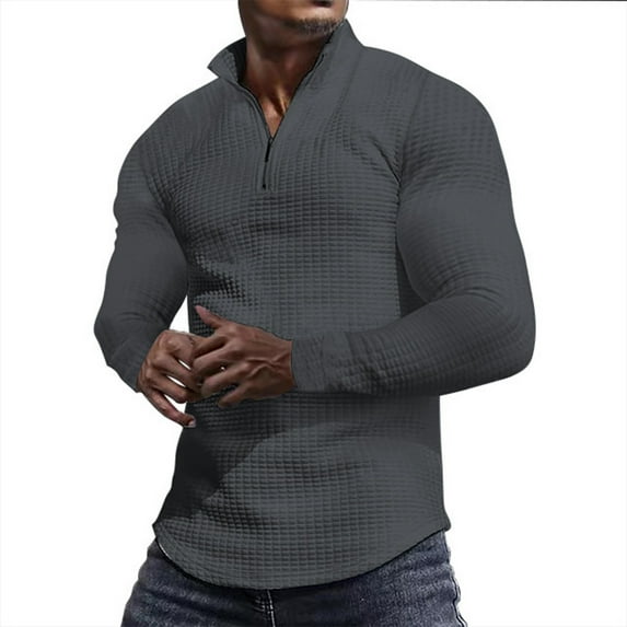 QUINDOS Men's Shirts Men's Fall And Winter Fashion Casual Solid Color Half Zipper Long Sleeve St Up Collar Comfort Holiday T Shirt