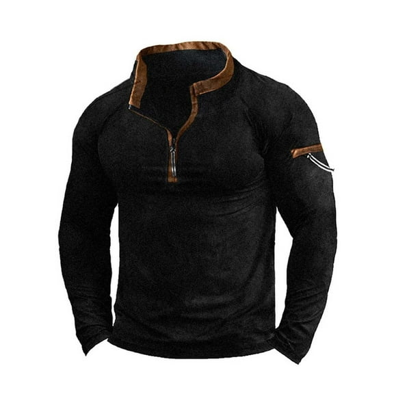 QUINDOS Men's Shirts,Mens Fall And Winter Fashion Casual Pullover Half Zipper Sweater Stand up Collar Elastic Solid Colo Long Sleeve Stand-up Collar Loose Daily Tee Shirts