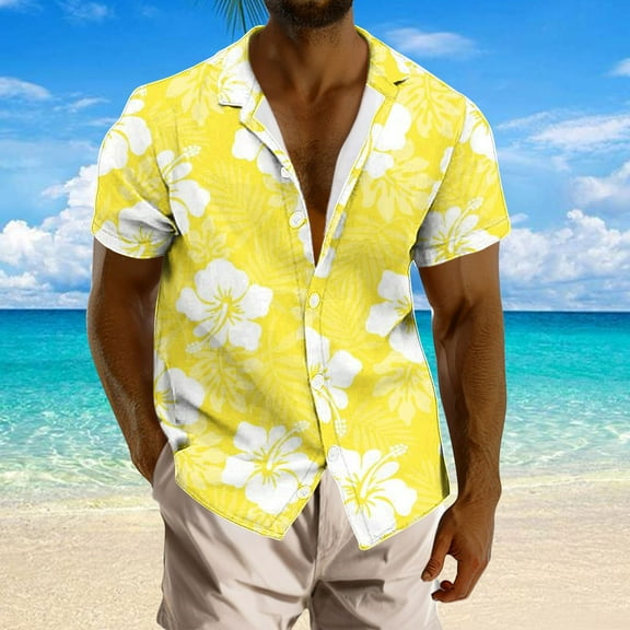 QUINDOS Mens Hawaii Shirts Casual Button up Summer Short Sleeve Shirts Floral Print Loose Fit Beach Vacation Shirts