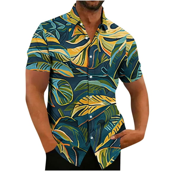 QUINDOS Mens Hawaiian Shirt Short Sleeve Casual Button Down Summer Shirts Vacation Beach Tropical Print Loose Shirts