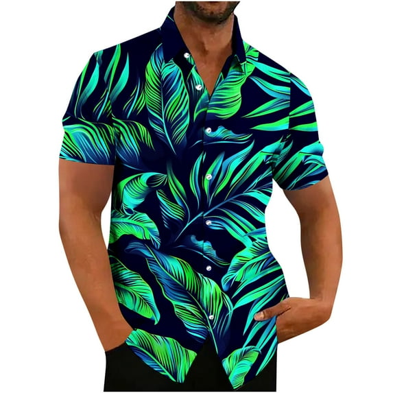 QUINDOS Mens Hawaiian Shirt Short Sleeve Summer Button Down Casual Shirts Tropical Print Loose Vacation Beach Shirts