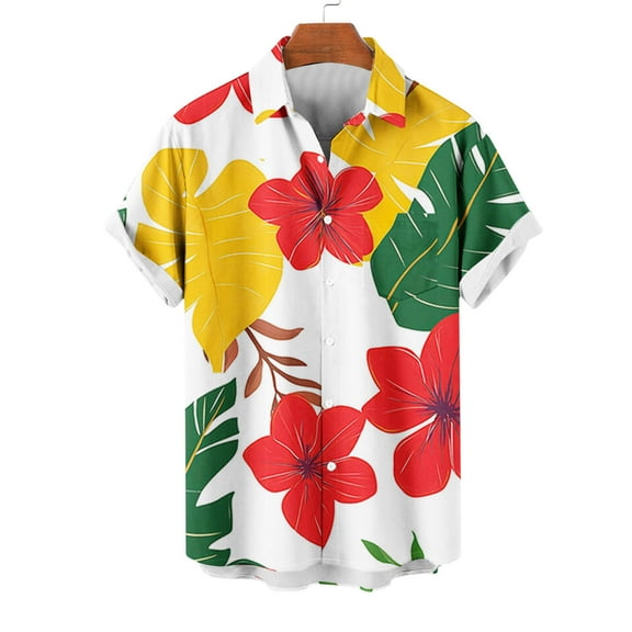 QUINDOS Mens Hawaiian Shirts Short Sleeve Casual Summer Button Down Shirts Floral Print Beach Loose Vacation Shirts