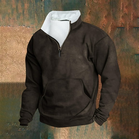 QUINDOS Mens Shirts Men Fall And Winter Fashion Casual Hoodie Retro Stand-up Neck Zipper Long Sleeve Loose Seaw Loose Fit Dressy T-shirts