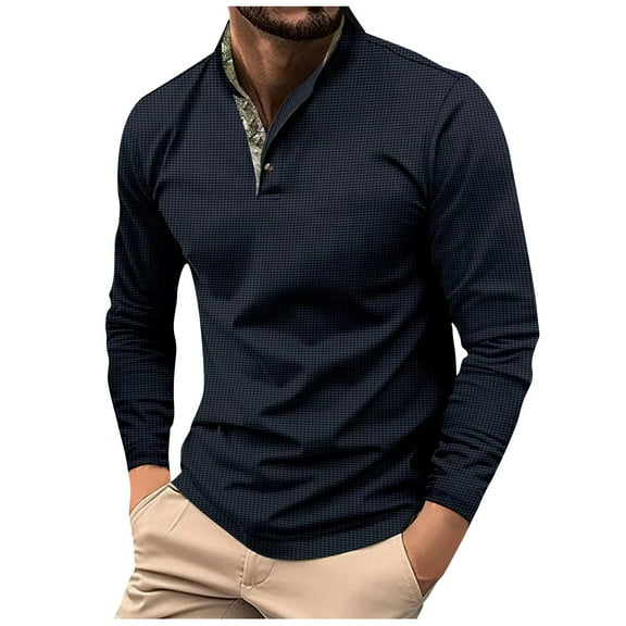 QUINDOS Mens Shirts Men Fall And Winter Fashion Casual Fallow Button Solid Color Loose Crew-Neck Long Sleeve Crew-Neck Comfy Leisure T-shirt