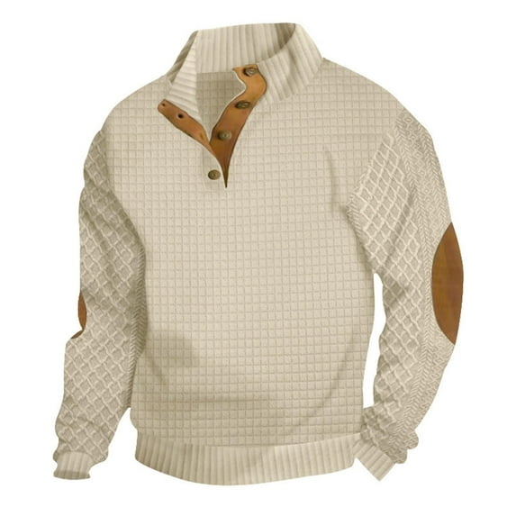 QUINDOS Mens Shirts Mens Fall And Winter Fashion Casual Button Style Solid Color Stand up Collar Long Sleeves Small Squares Sweater Loose Leisure Tee Shirts