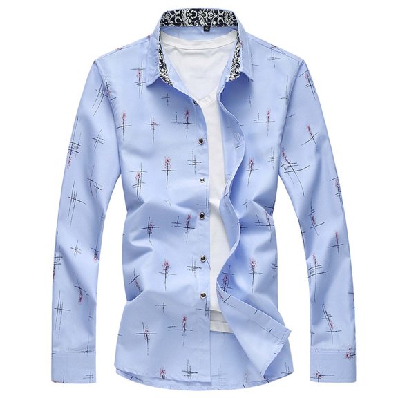 QUINDOS Mens Shirts Men's Fall And Winter Fashion Casual Formal Color Print N Long Sleeve Turndown Collar Comfy Dressy T-shirt