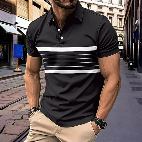 QUINDOS Mens Shirts Collared Short Sleeve Casual Polo Shirts Summer Loose Vacation Striped T-shirts