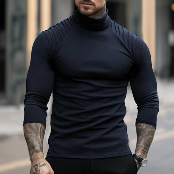 QUINDOS Mens Shirts Men Fall And Winter Fashion Casual Pullover Solid Long Sleeve Turtleneck Comfort Leisure T Shirt
