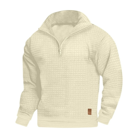 QUINDOS Mens Shirts Men Fall And Winter Fashion Casual Solid Pullover Long Sleeve Stand up Collar Zipper Loose Fit Leisure T-shirts